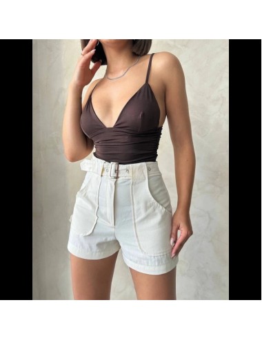 Kemer Detaylı Gabardin Şort Krem 